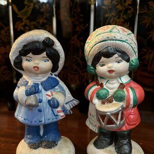 2 Vintage Hand Painted Ceramic Molds 5.25” Young Girl Christmas Carolers 1976